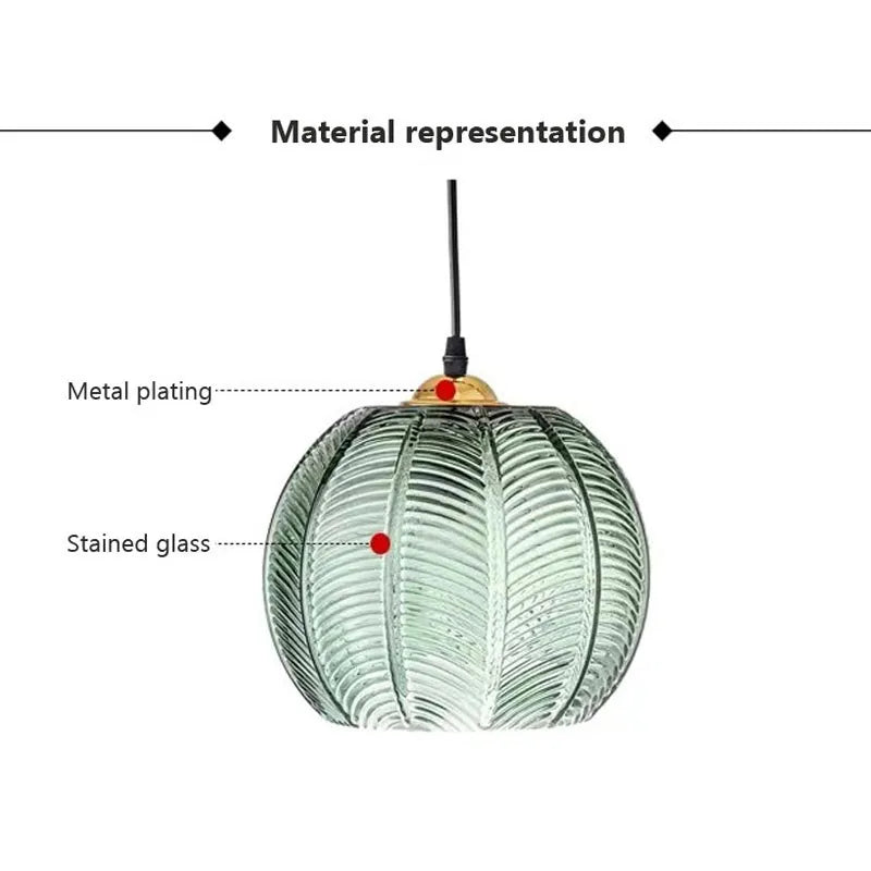 Nordic Glass Pendant Light Green Leaf Pattern Lighting For Living Room