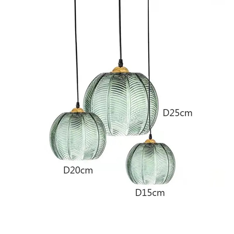 Nordic Glass Pendant Light Green Leaf Pattern Lighting For Living Room